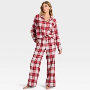 NWOT Auden Flannel Pajama Set Cream / Red Plaid XS
